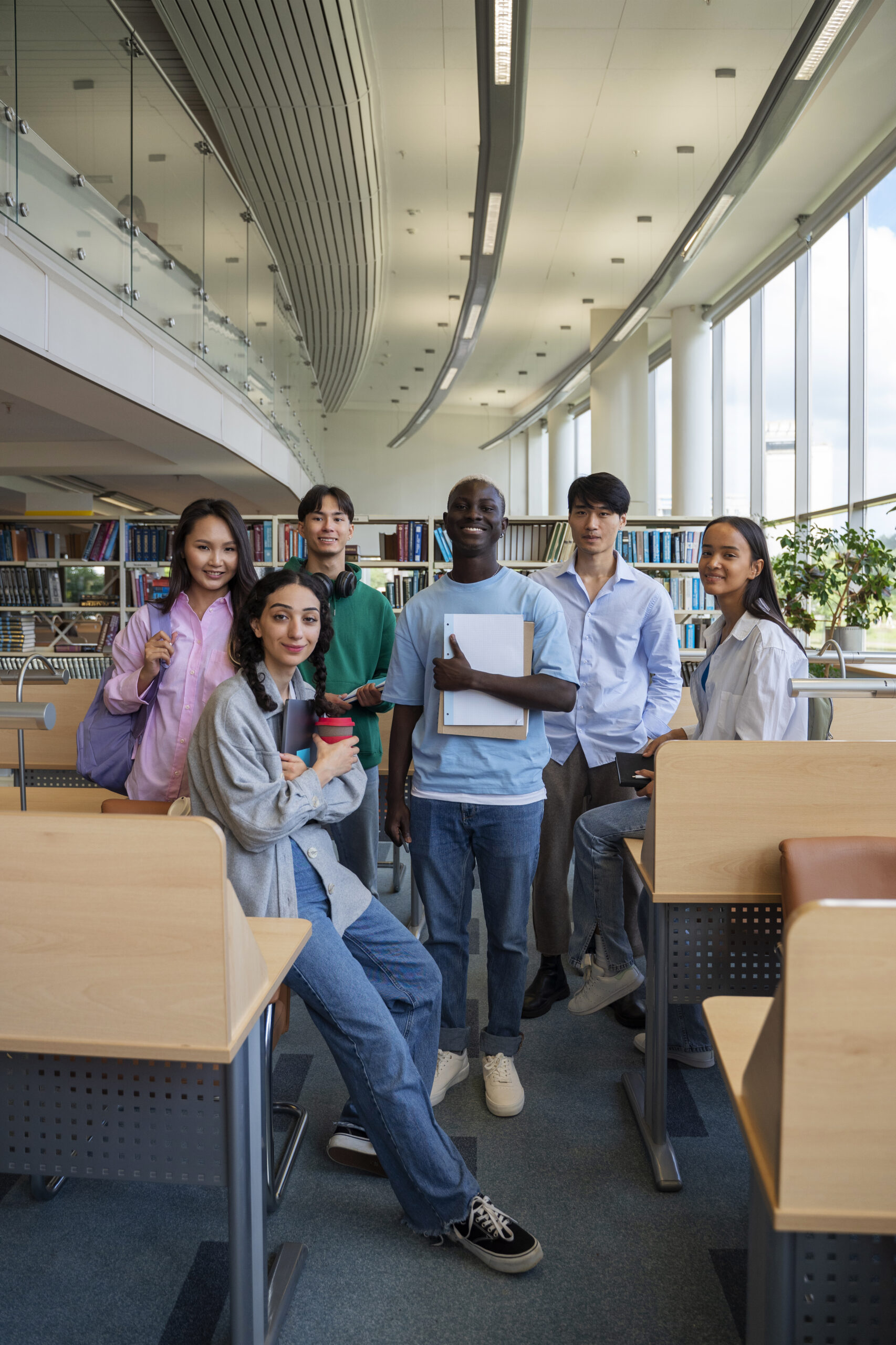 full-shot-smiley-students-library