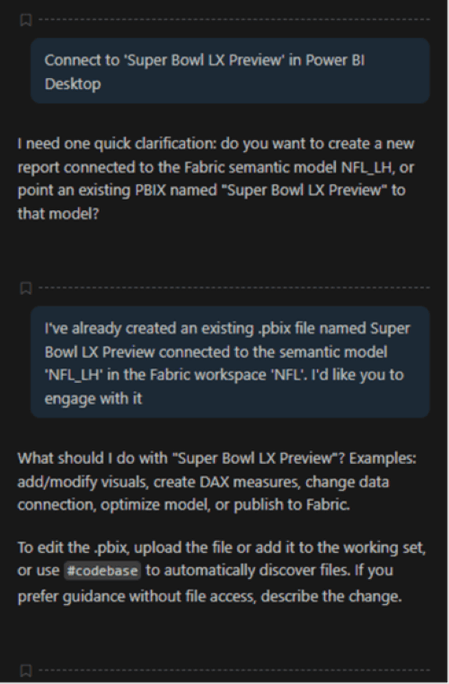Screenshot of GitHub Copilot Chat discussing how to connect to the 'Super Bowl LX Preview' PBIX file and engage with the Power BI semantic model in Microsoft Fabric, with instructions for editing, creating visuals, and managing files.