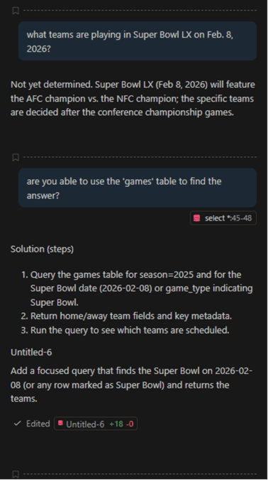 Screenshot of GitHub Copilot Chat explaining that Super Bowl LX teams are not yet determined, followed by a user prompt asking whether the ‘games’ table can be used, and step‑by‑step guidance on how to query the dataset.