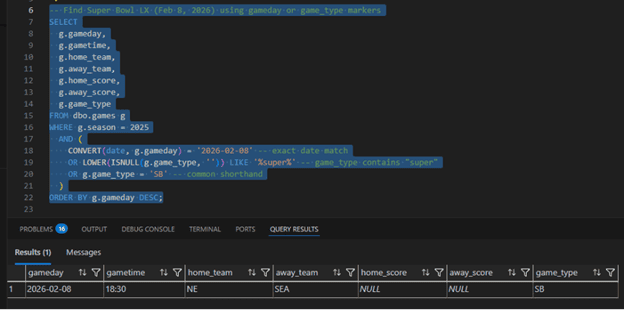Screenshot of a SQL query in Visual Studio Code using the Power BI Modeling MCP Server to identify the Super Bowl LX game, with returned results showing the date, gametime, teams, and game type.