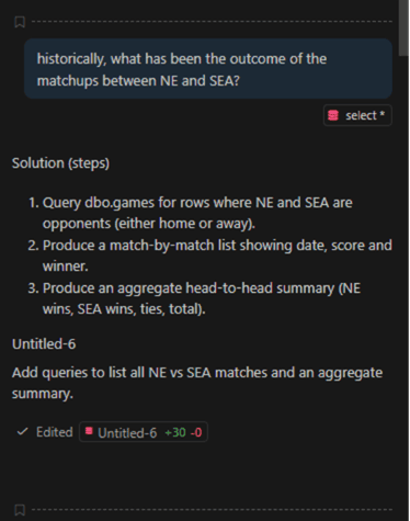 Screenshot of GitHub Copilot Chat responding to a prompt about historical matchups between NE and SEA, providing solution steps for querying game results and generating a head‑to‑head summary.